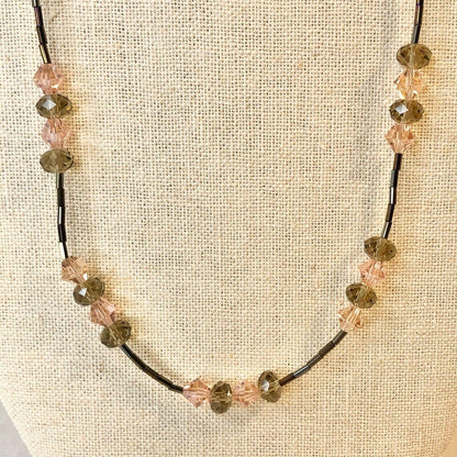 Handcrafted Beaded Necklace Brown & Pink Crystal Beads Simple Long Jewelry NEW