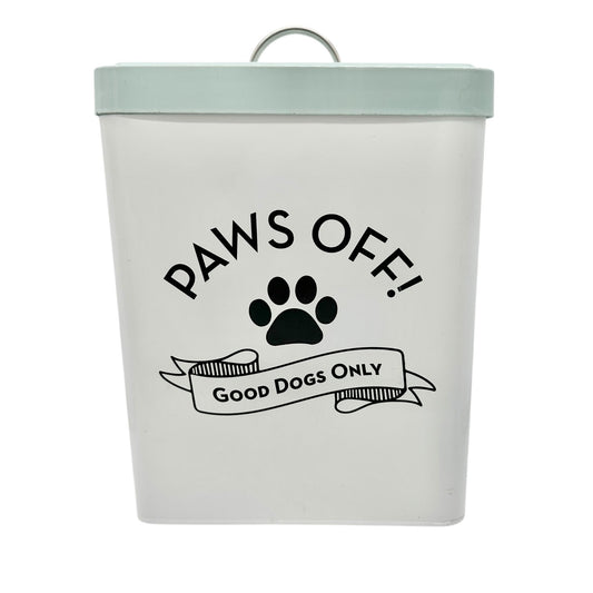 Paws Off Dog Treat Canister White with Blue Lid 9x7x6 Metal Storage for Pet Food