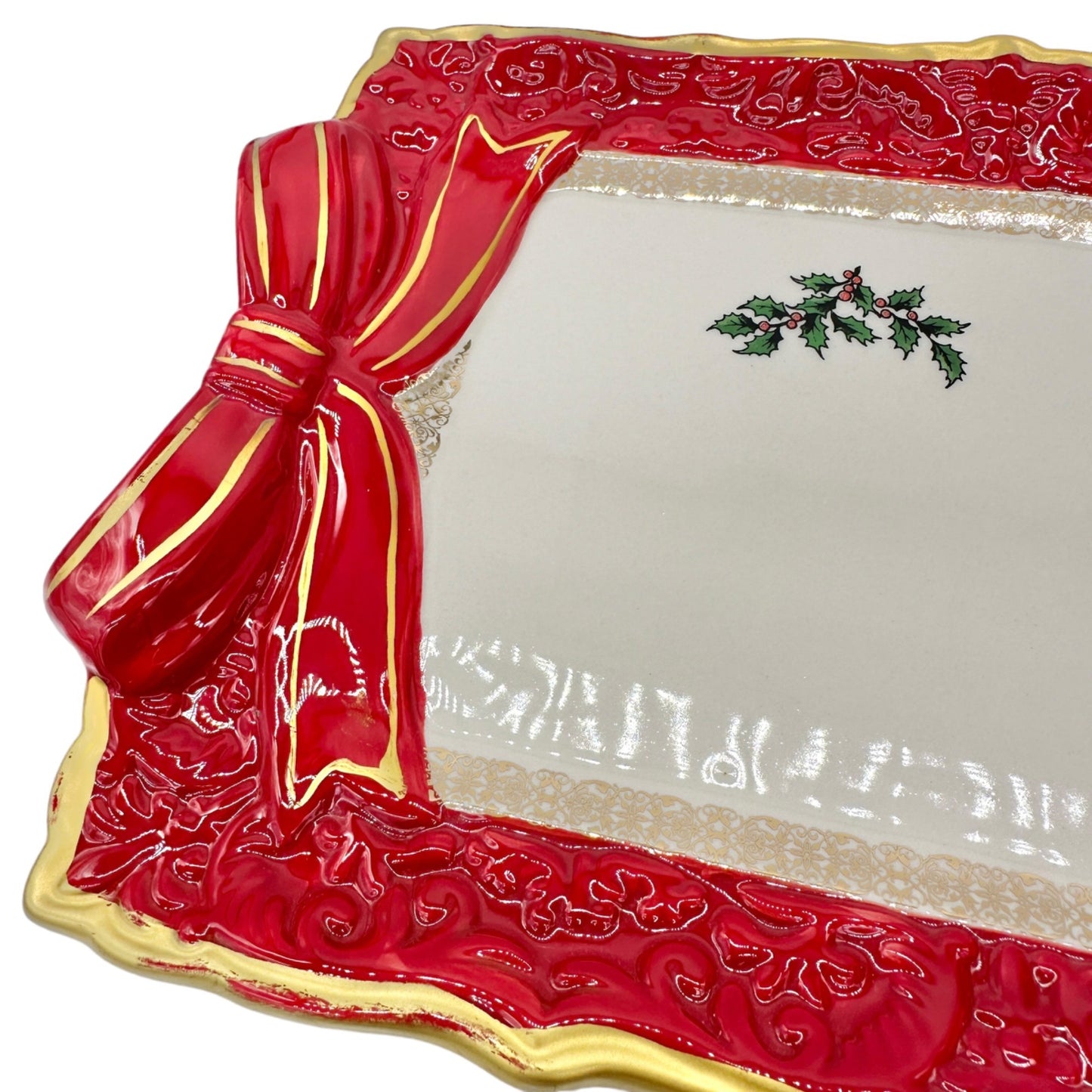 Spode Christmas Tree Sandwich Tray with Red Ribbons NIB MSRP $100