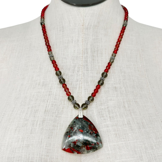 Beaded Necklace Triangular Bloodstone Pendant Red Gray Silvertone Toggle Clasp