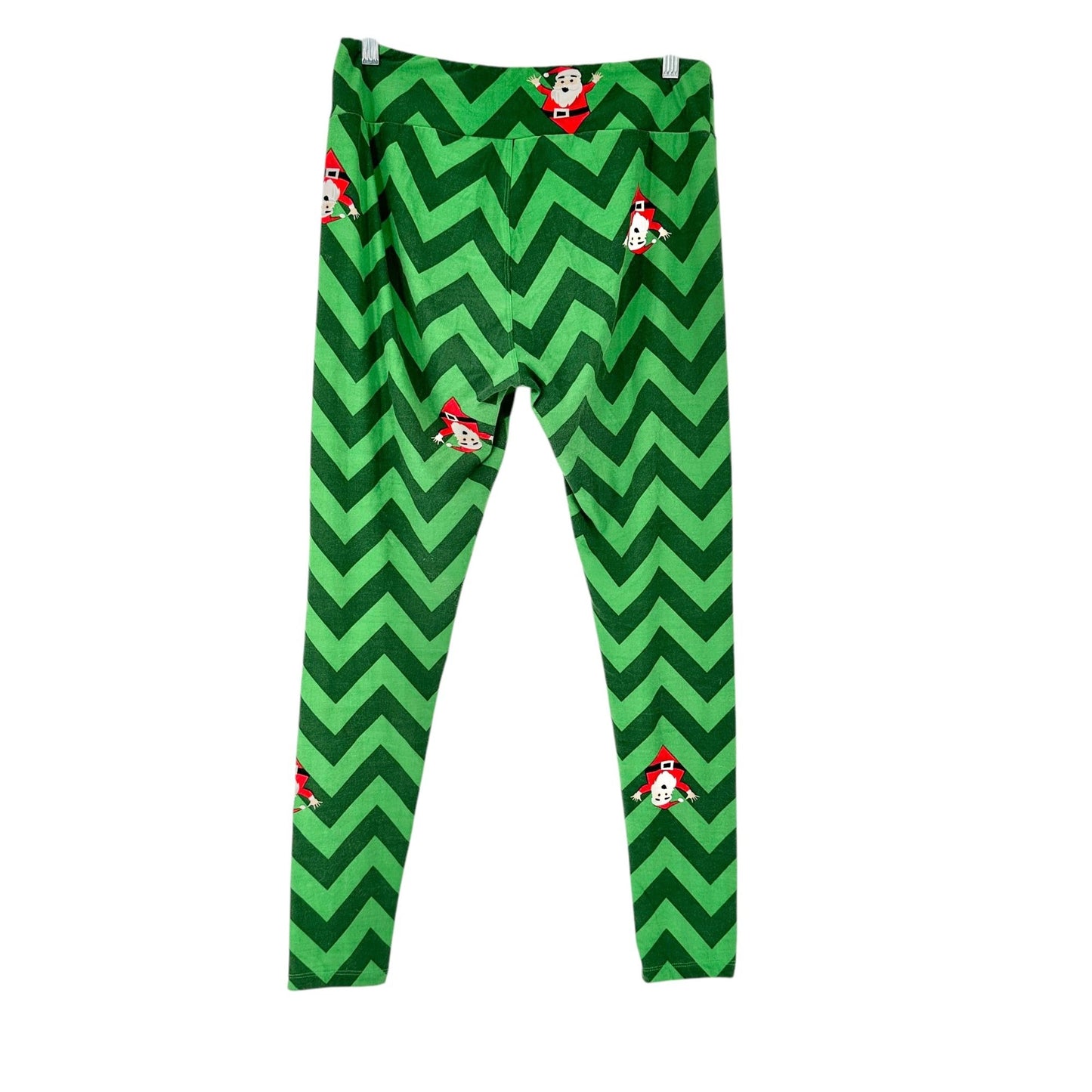 LuLaRoe Womens Tall & Curvy Holiday Leggings Green Chevron Santa Print