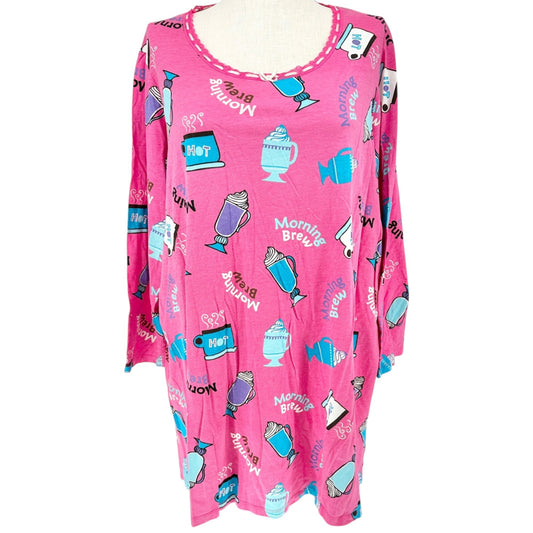 Simply Basic Sleepwear Nightshirt Womens 2X/3X Pink Morning Brew Themed Design