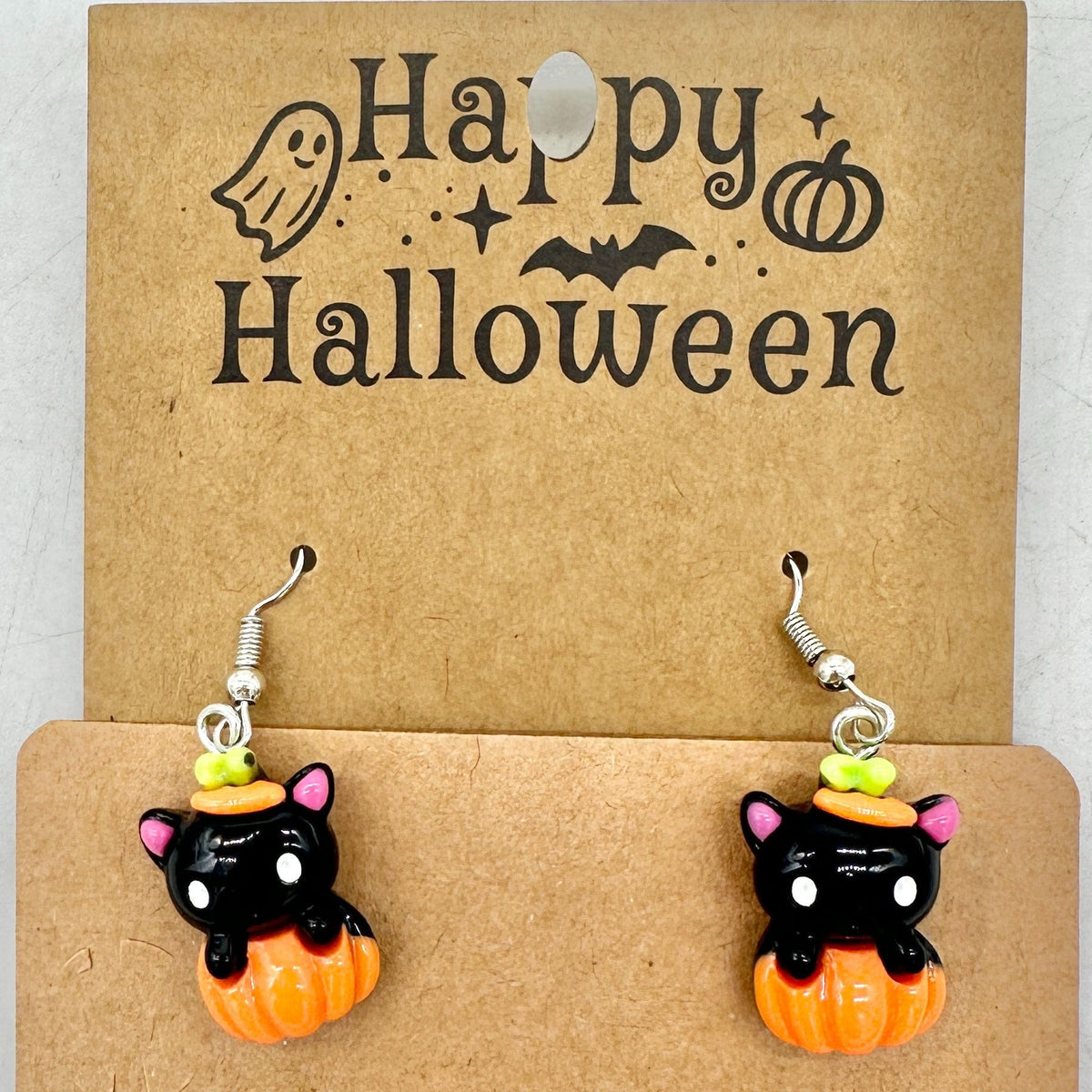 Halloween Dangle Earrings Black Cats in Orange Pumpkins Plastic Metal Fishhooks