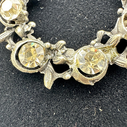 Antique Gold Tone Circle Pin Clear Rhinestones Floral Motif Early 1900s No Clasp