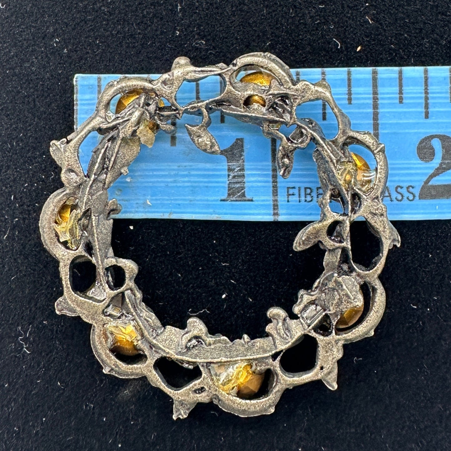 Antique Gold Tone Circle Pin Clear Rhinestones Floral Motif Early 1900s No Clasp