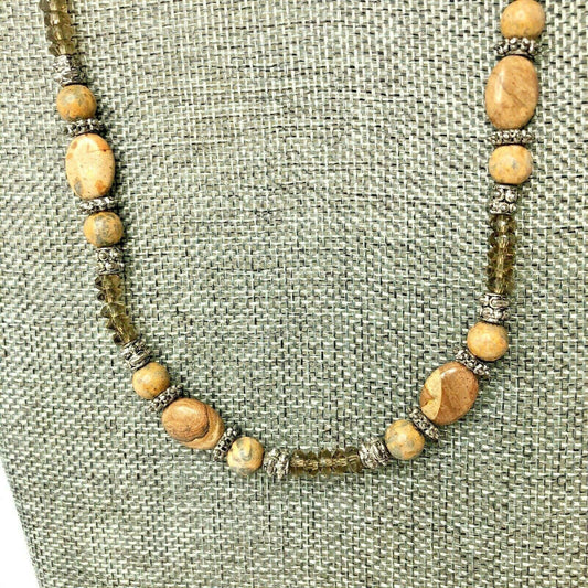 Handcrafted Necklace Brown Natural Stone Beads Silvertone Toggle Clasp 20 in Long