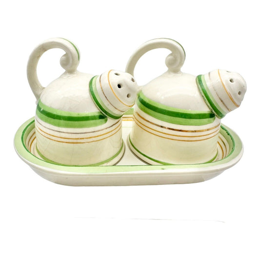 Vintage 3pc Salt & Pepper Shakers & Tray White Ceramic Green & Gold Lines Japan