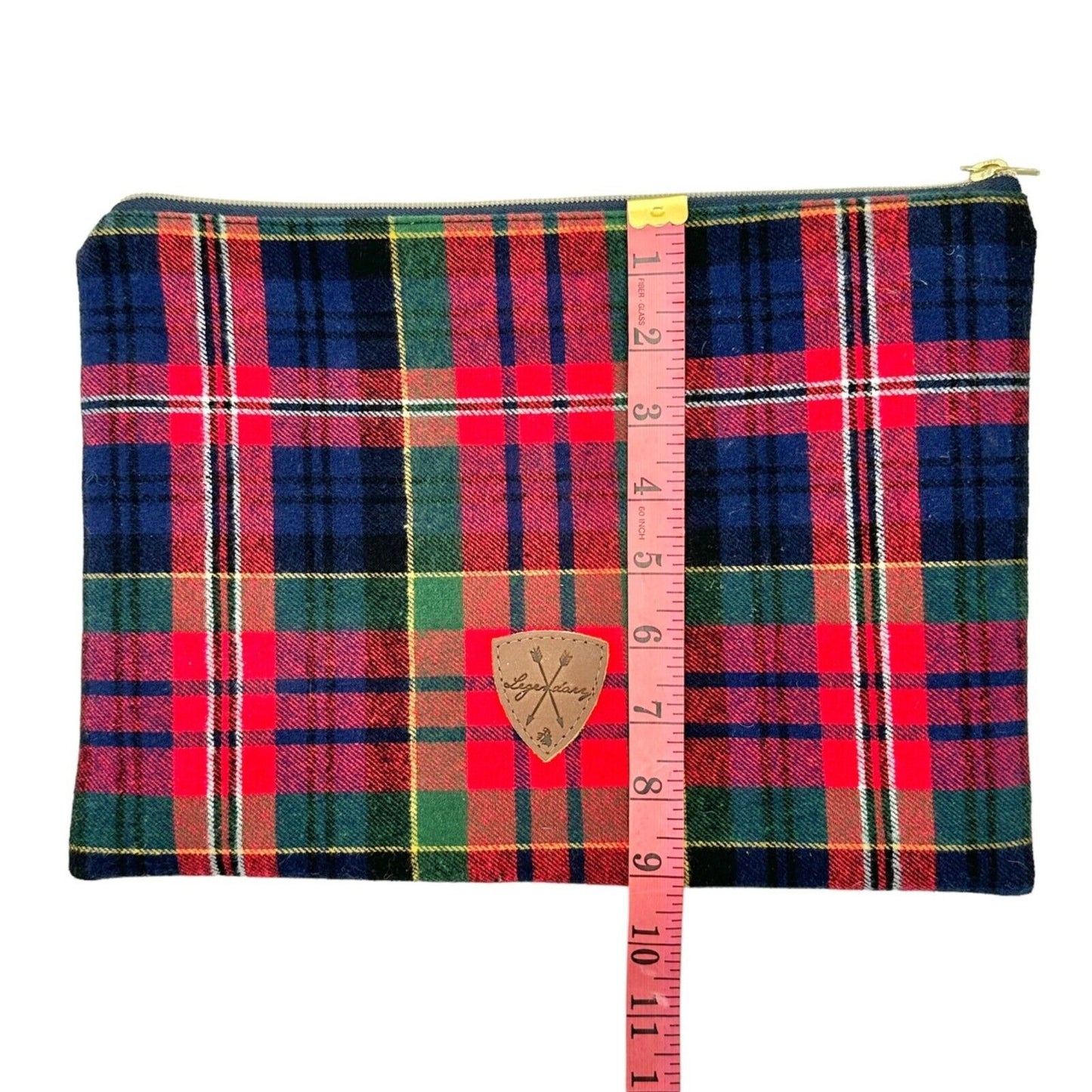 Legendary Pouch 13 x 9 Red Blue Green Plaid Black Interior Gold Hardware Zip