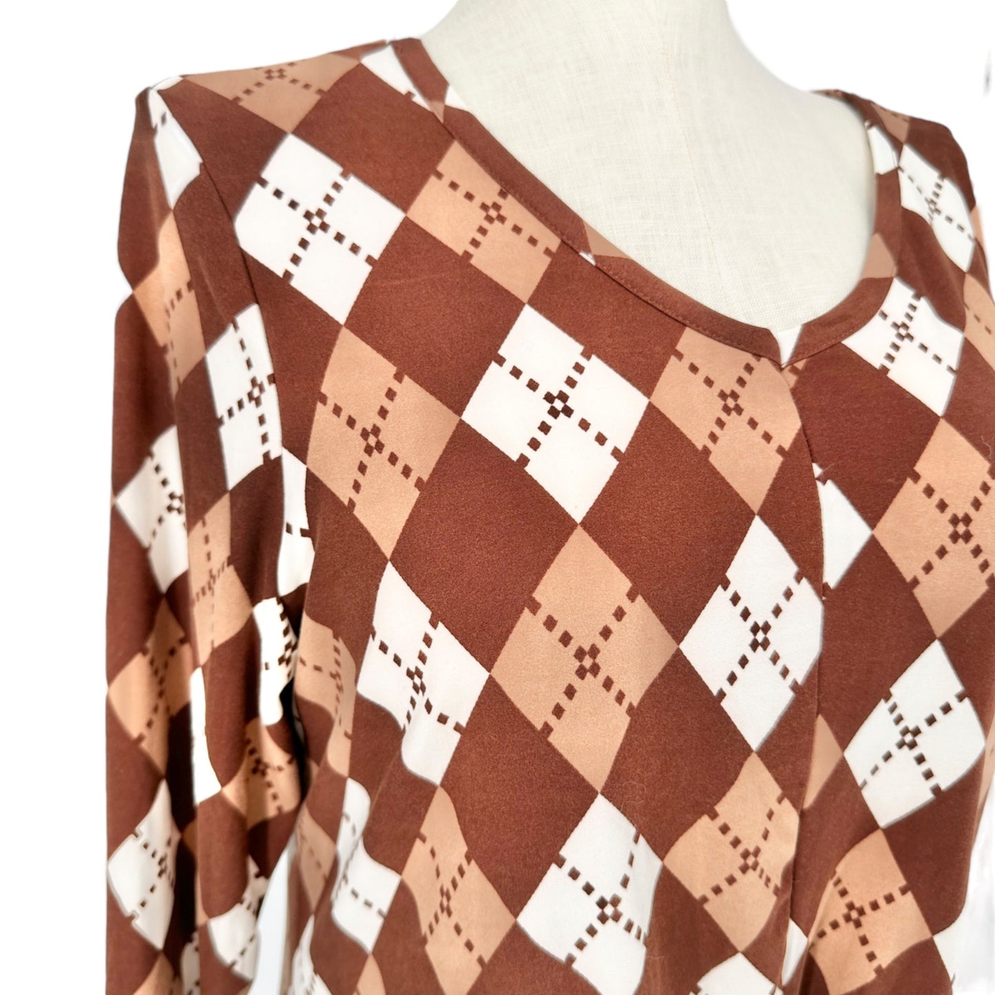 Inner Circle Blouse Womens XL Brown Argyle Print Soft Stretchy Long Sleeves