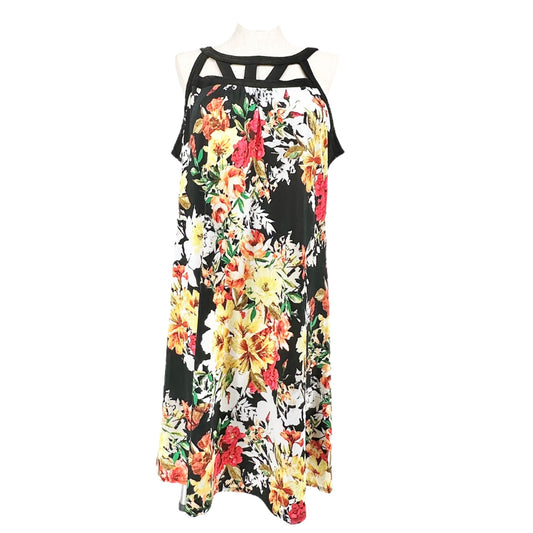 New Directions Dress Womens 1X Black Orange Yellow Flowers Sleeveless Midi EUC