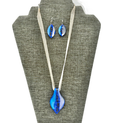 Handcrafted Fused Glass Necklace Earrings Set Blue Abstract Design Sheer Ribbon