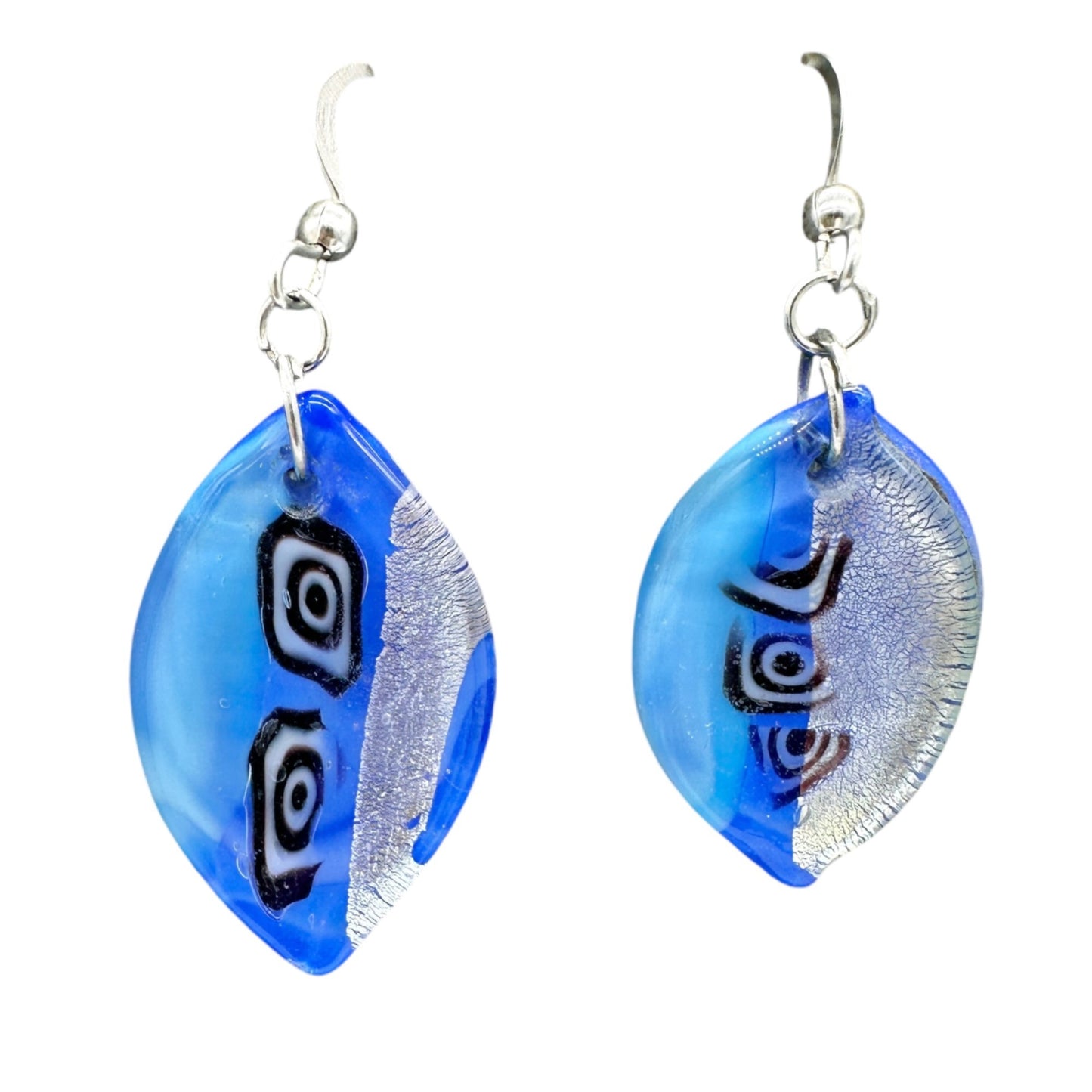 Handcrafted Fused Glass Necklace Earrings Set Blue Abstract Design Sheer Ribbon