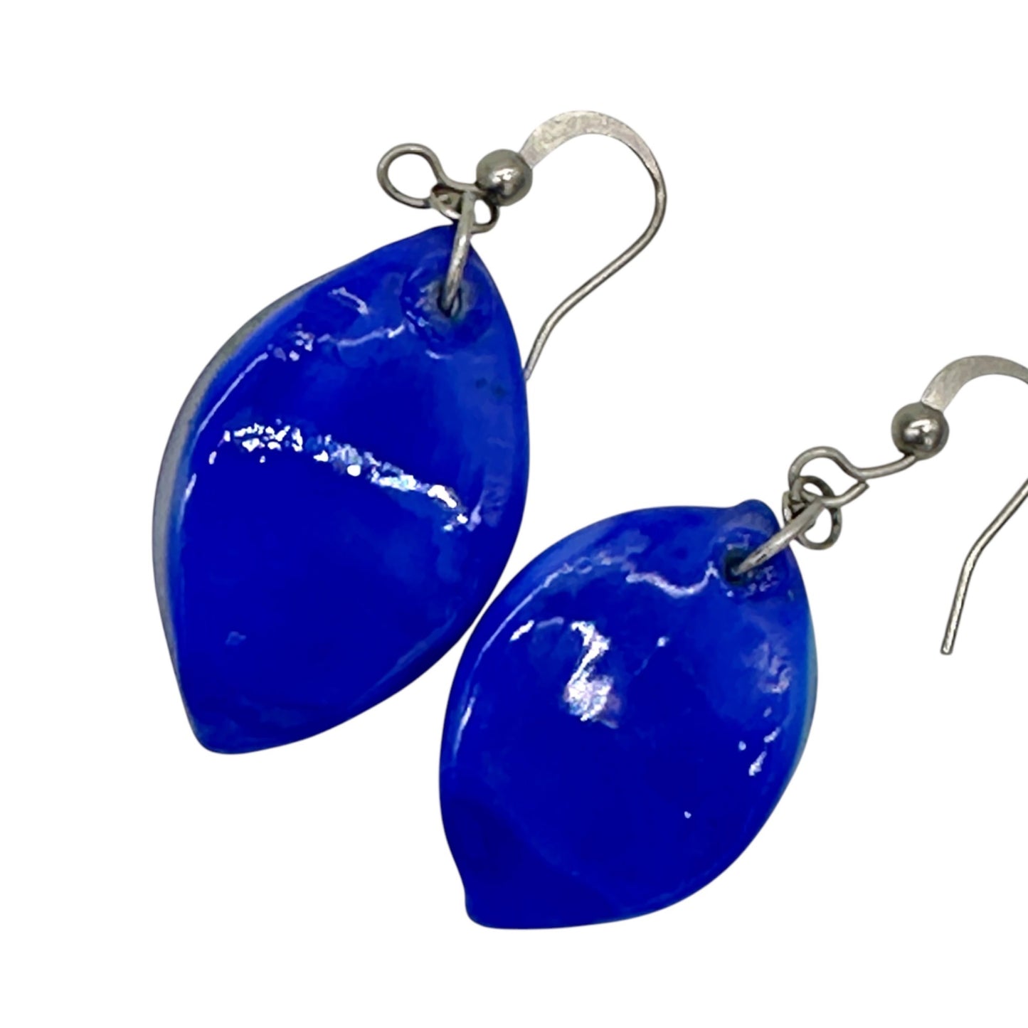 Handcrafted Fused Glass Necklace Earrings Set Blue Abstract Design Sheer Ribbon