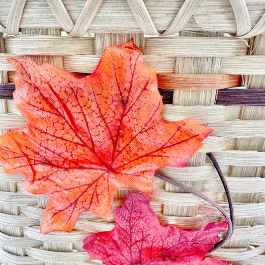 Handmade Basket Falling Leaves Oval Shaped with Handle and Leaves Decoration on Front