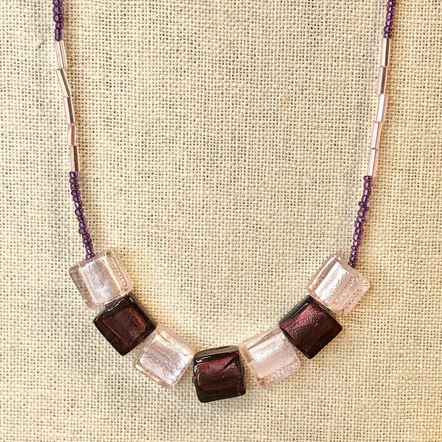 Handcrafted Beaded Necklace Purple Hues Square Beads Beautiful Jewelry NEW