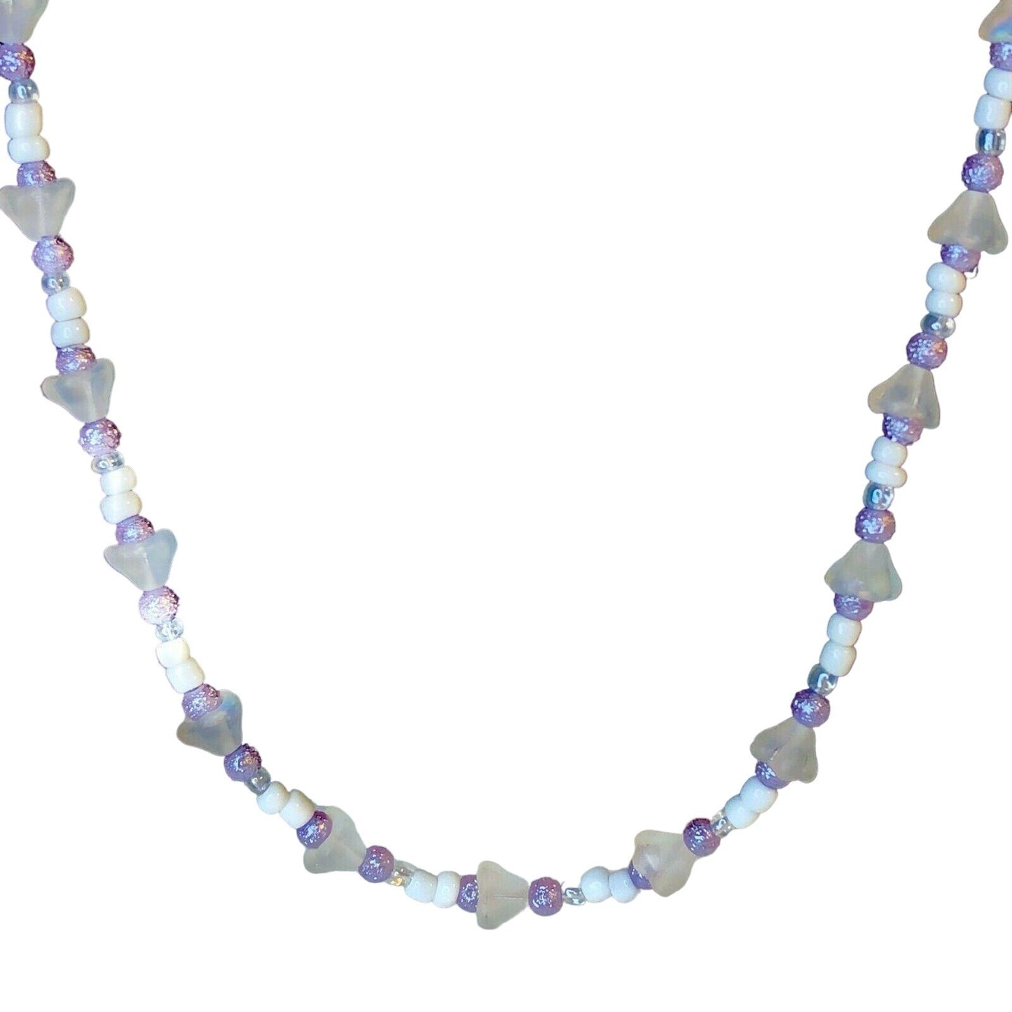 Handcrafted Beaded Necklace White Purple & Clear Beads Beautiful Jewelry NEW