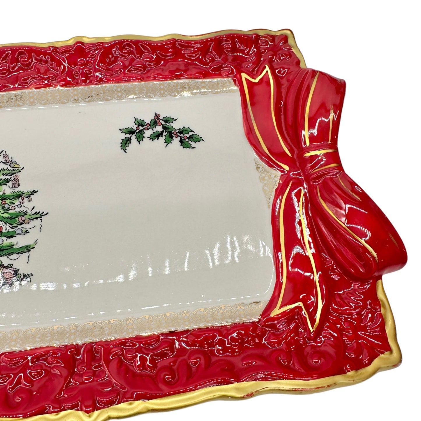 Spode Christmas Tree Sandwich Tray with Red Ribbons NIB MSRP $100