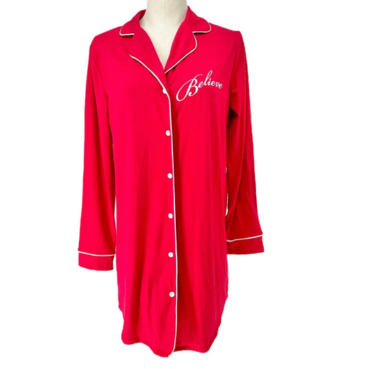 Charter Club Intimates Sleep Shirt Women's S Candy Red Believe LS Button NWT