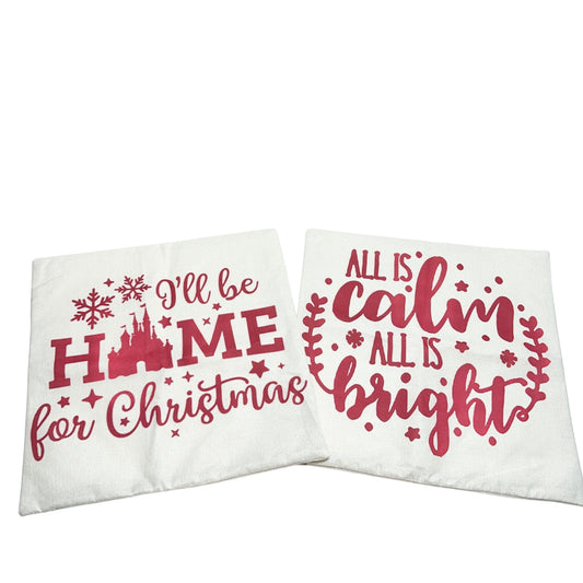 Christmas Pillow Covers 2 I'll Be Home & All Is Calm Printed 18x18 Cotton Linen