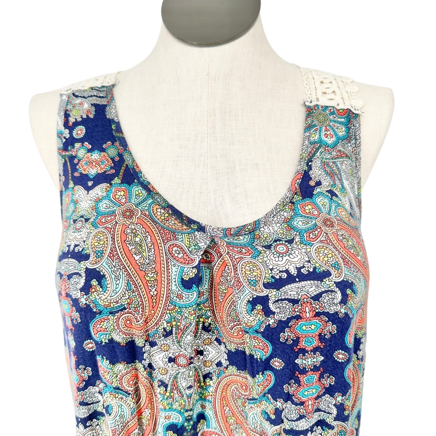 Papermoon Tank Top Womens 2X Sabi Crochet Detail Knit Paisley Print Navy NWT