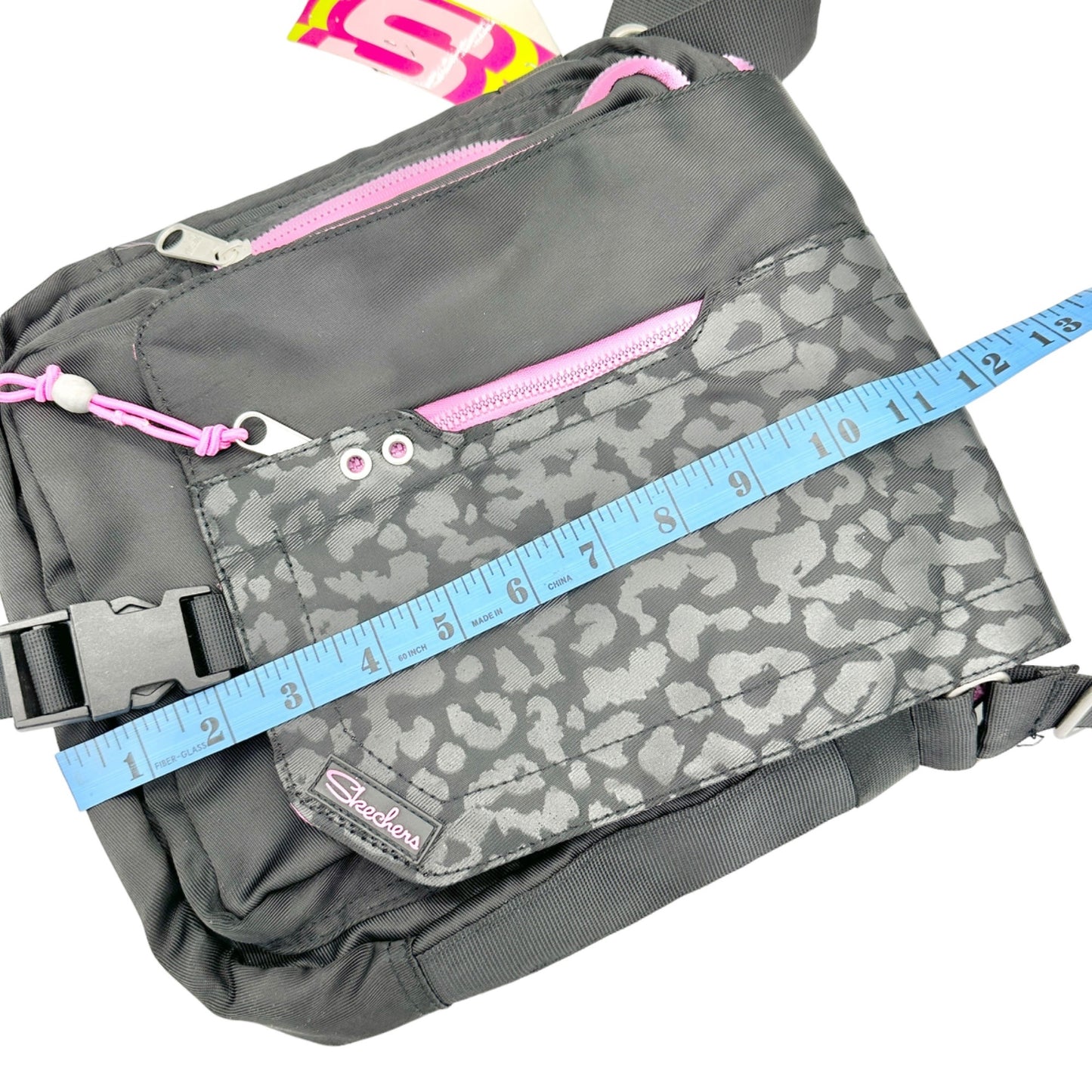 Skechers Messenger Bag Black Leopard Print Pink Accents Adjustable Strap