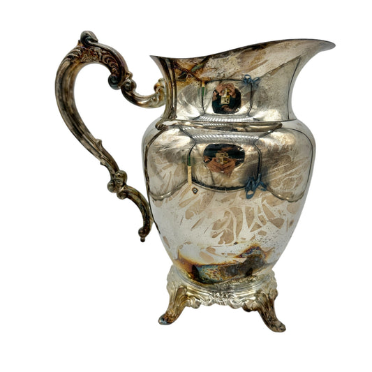 Vintage Oneida Silver Plated Water Pitcher With Ornate Handle Footed Base