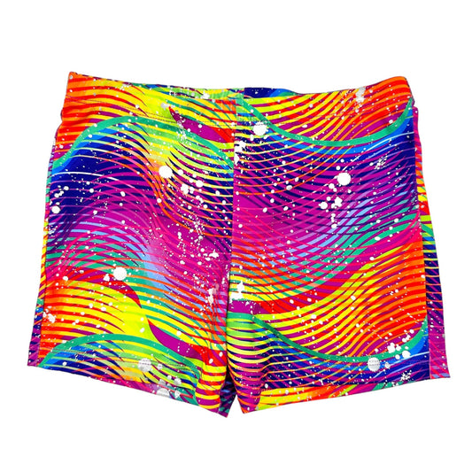 Danskin Now Shorts Girls L (10-12) Rainbow Silver Splatter Elastic Waist EUC