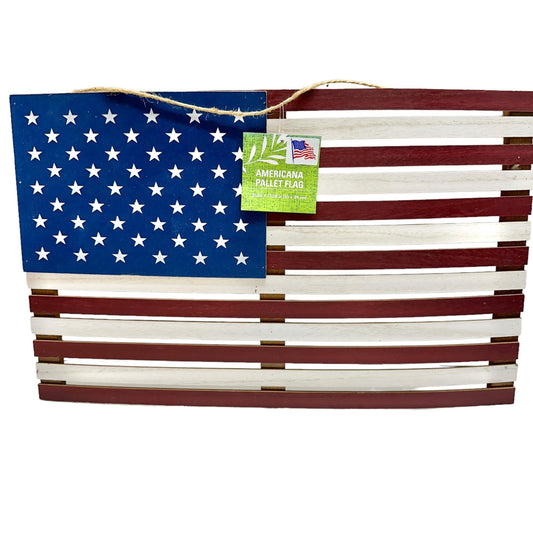 Americana Pallet Flag Wall Hanging 21.65 x 13.38 in Rope Hanger Patriotic NWT