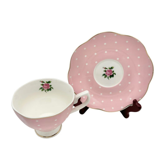 BTAT Brew To A Tea Cup and Saucer Pink White Dots Gold Trim Pink Rose