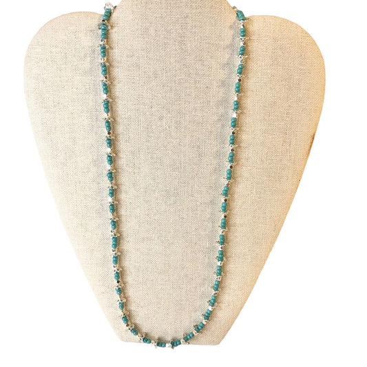 Handcrafted Bead Necklace Teal & Silver Beads Simple Classic Long Beautiful NEW