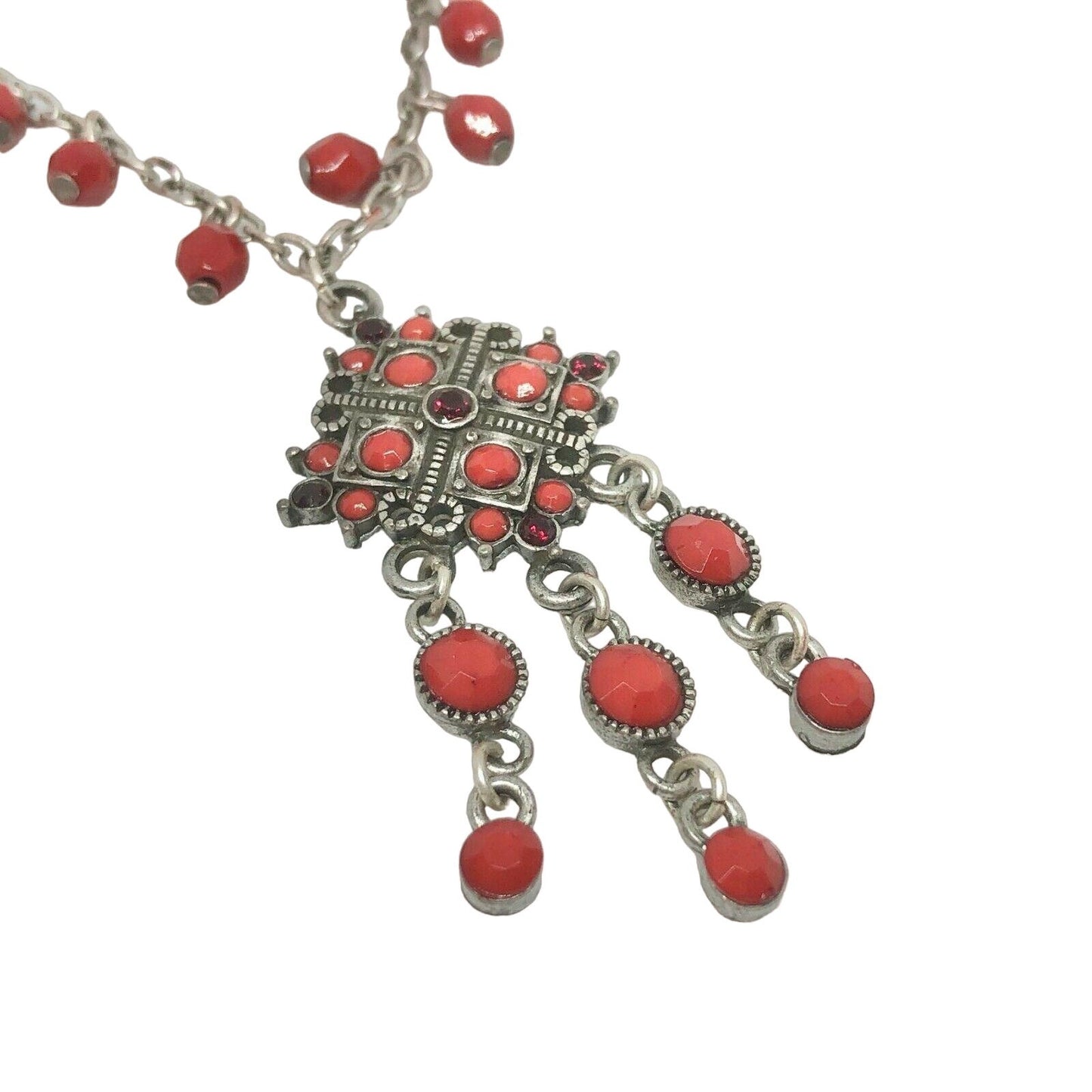 Silvertone & Two Shades of Red Beaded Necklace With Extender