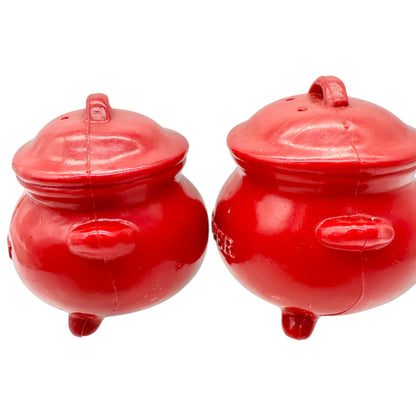 Vintage Pot Shaped Salt and Pepper Shakers Red Plastic with Rubber Stoppers 3x3