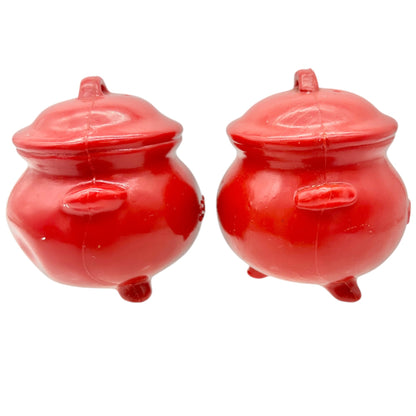 Vintage Pot Shaped Salt and Pepper Shakers Red Plastic with Rubber Stoppers 3x3
