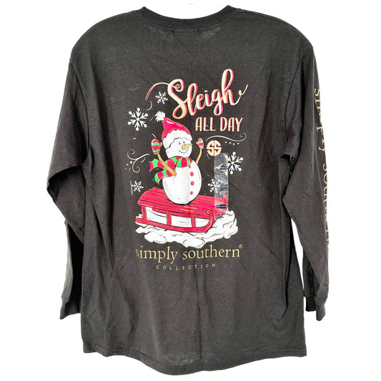 Simply Southern TShirt Youth Large Black Christmas Snowman LS Crew Neck NWT