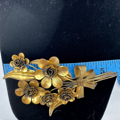 Antique Gold Tone Floral Bouquet Hairpin Bow Design Early 1900s Vintage Jewelry