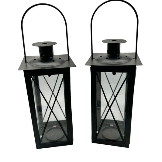 Pair of Candleholders Black Metal Hangs or Sits Holds Tealights or Votives