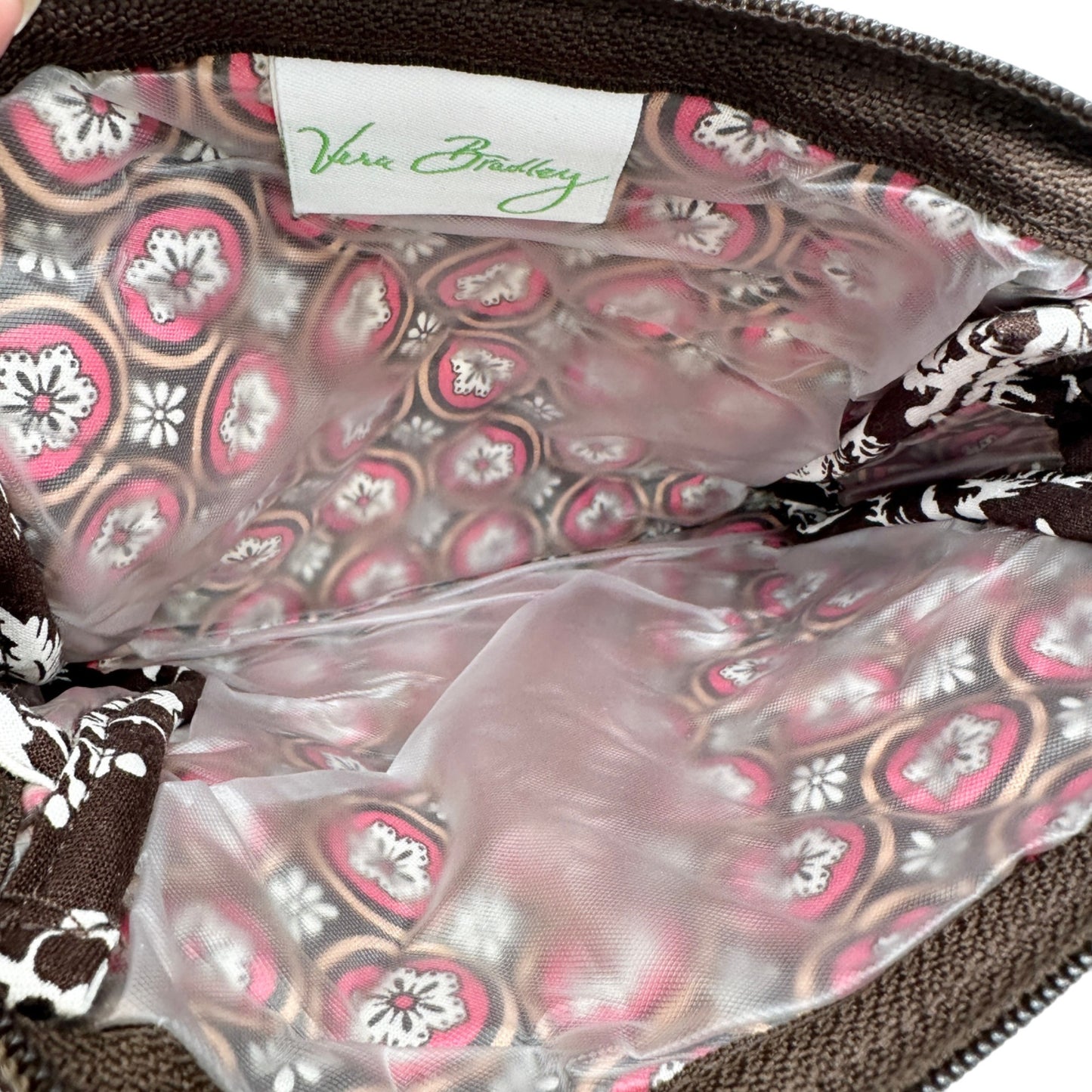 Vera Bradley Imperial Toile Cosmetic Bag Plastic Lining Brown White Pink Floral