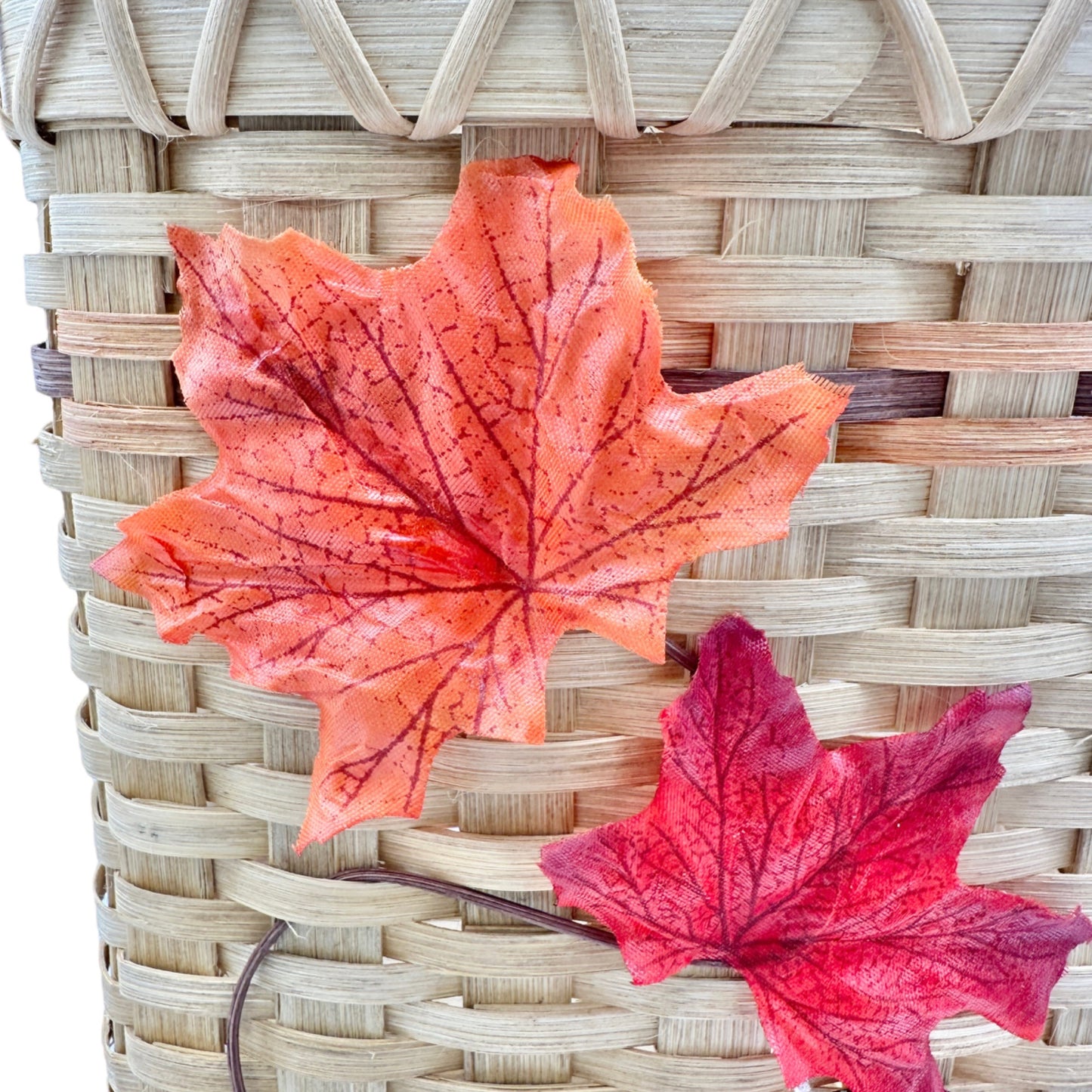 Handmade Basket Falling Leaves Square Shaped with Handle and Leaves Decoration on Front