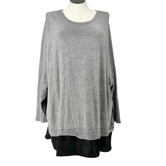 Croft & Barrow Sweater Womens 3X Gray Black Scoop Neck Long Sleeve Black Hem