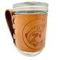 Ball Jar 12 Oz Glass with Leather Holder Embossed with Trout Design Fisherman
