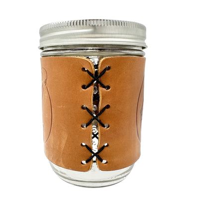 Ball Jar 12 Oz Glass with Leather Holder Embossed with Trout Design Fisherman