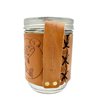 Ball Jar 12 Oz Glass with Leather Holder Embossed with Trout Design Fisherman