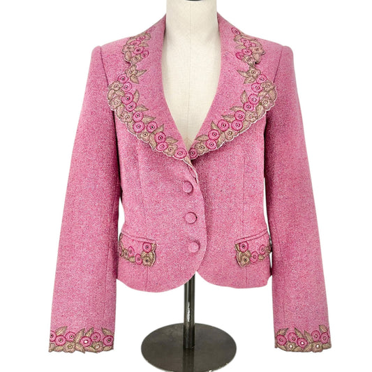 Carmen Marc Valvo Blazer Jacket Womens Sz 10 Pink Wool Blend Embroidered Floral