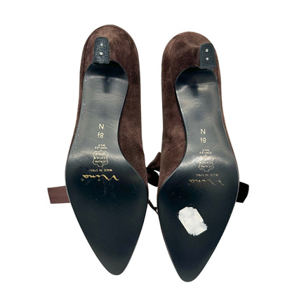 Vtg Nina Unila Brown Suede Kitten Heel Pumps Shoes 8.5N Ribbon Tie Made In Spain