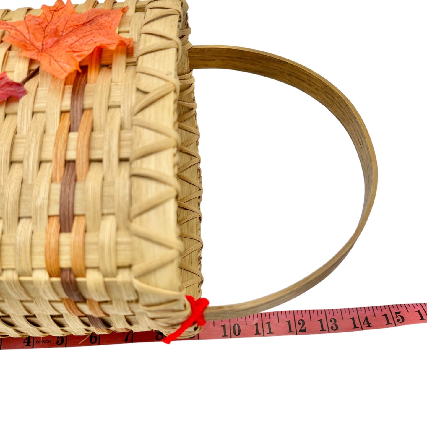 Handmade Basket Falling Leaves Square Shaped with Handle and Leaves Decoration on Front