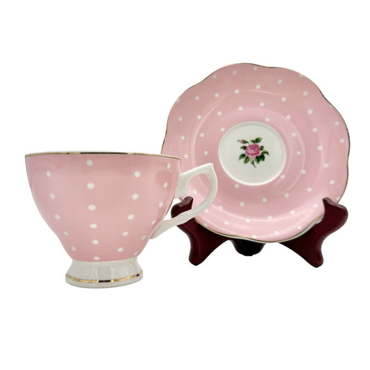 BTAT Brew To A Tea Cup and Saucer Pink White Dots Gold Trim Pink Rose