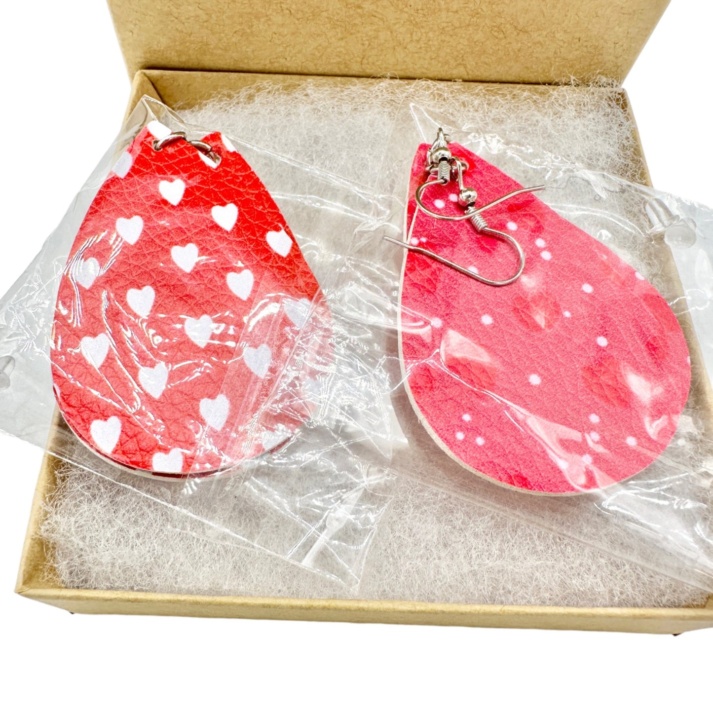 Two Pairs of Valentines Earrings Hearts Teardrop Red White Pink Faux Leather NEW