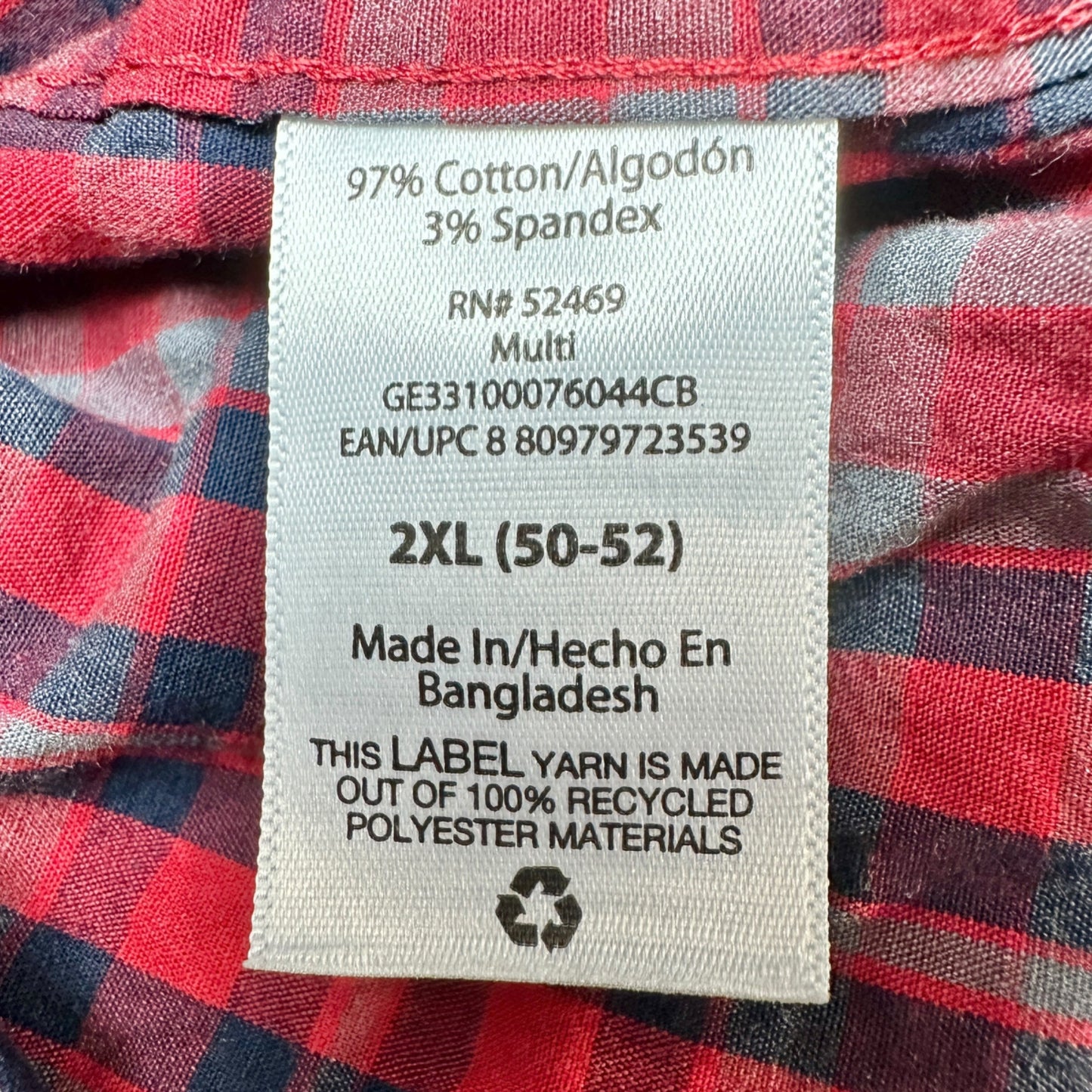 George Classic Fit Plaid Shirt Mens 2XL 50-52 Red Blue LS Button-Down Collar