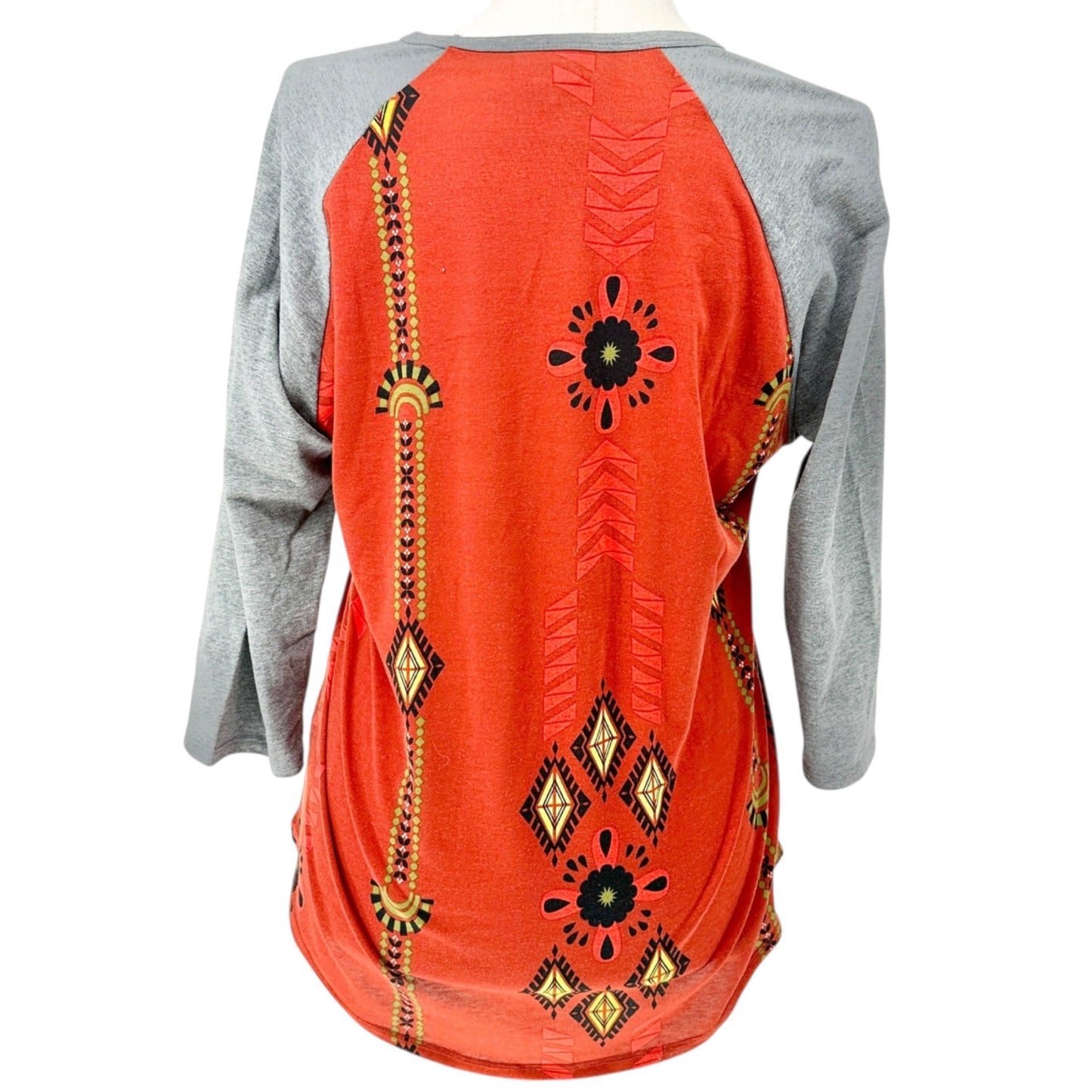 LuLaRoe Randy Top XL Orange Aztec Print 3/4 Gray Sleeves Stretchy Casual Shirt