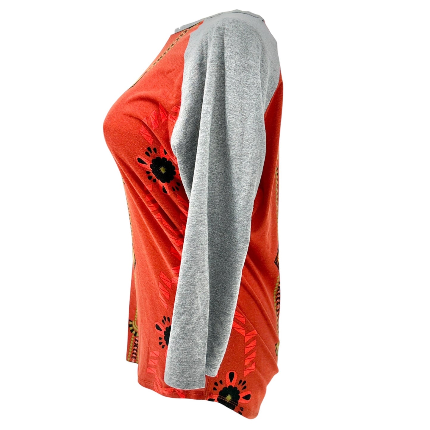 LuLaRoe Randy Top XL Orange Aztec Print 3/4 Gray Sleeves Stretchy Casual Shirt